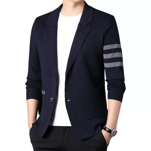 chouyatou Mens Notched Lapel 2 Button Slim Fit Business Casual Striped Knit Sweater Blazer Jacket Sport CoatNavy