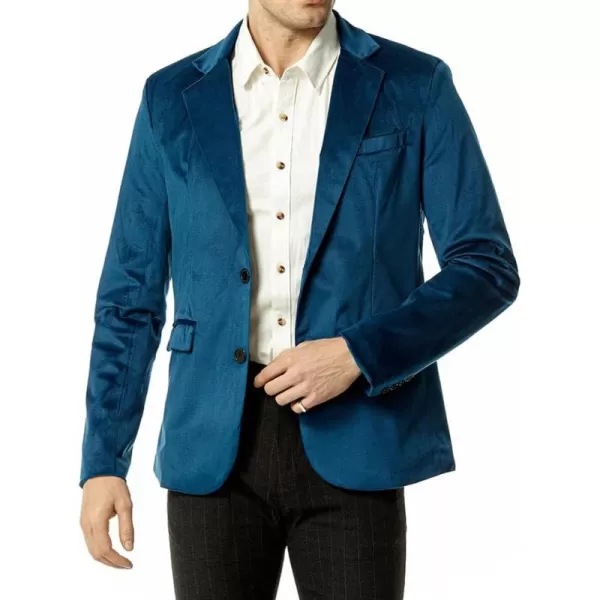 chouyatou Mens Solid Velvet Blazer Basic Slim Fit Two Button Prom Party Dinner Blazer JacketPeacock Blue