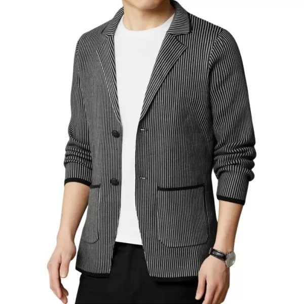 chouyatou Mens Vertical Striped Notched Lapel Business Casual Slim Fit Knit Sweater Blazer Jacket Sport CoatGray