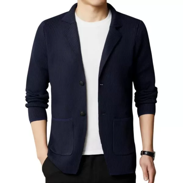 chouyatou Mens Vertical Striped Notched Lapel Business Casual Slim Fit Knit Sweater Blazer Jacket Sport CoatNavy