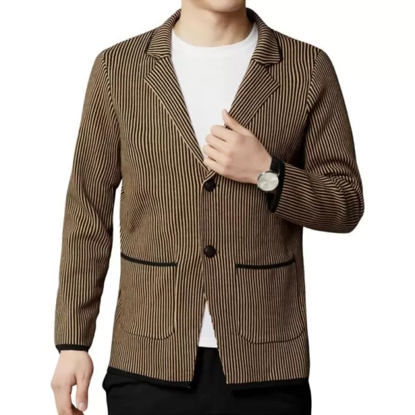 chouyatou Mens Vertical Striped Notched Lapel Business Casual Slim Fit Knit Sweater Blazer Jacket Sport CoatYellow Khaki