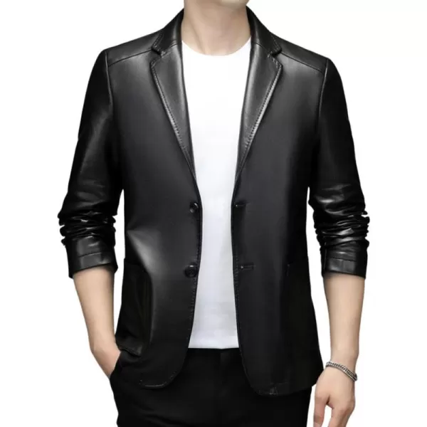 chouyatou Mens Vintage Notched Lapel 2 Button Patch Pocket Pu Faux Leather Blazer Jacket Sport CoatBlack