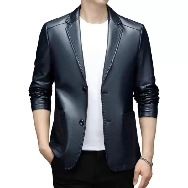 chouyatou Mens Vintage Notched Lapel 2 Button Patch Pocket Pu Faux Leather Blazer Jacket Sport CoatBlue