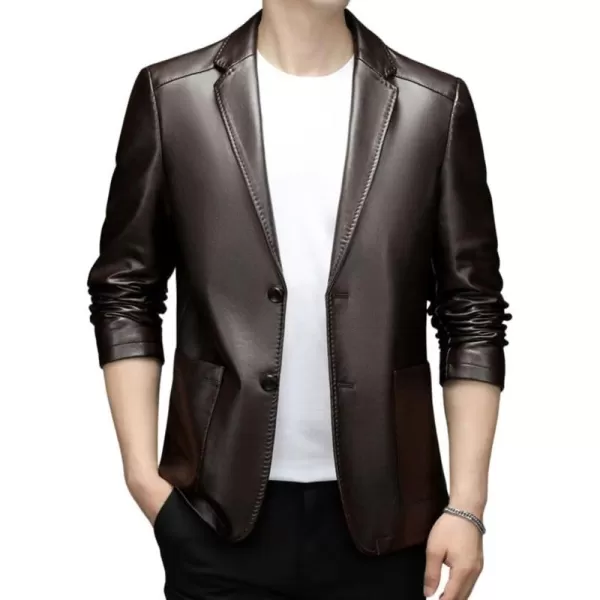 chouyatou Mens Vintage Notched Lapel 2 Button Patch Pocket Pu Faux Leather Blazer Jacket Sport CoatCoffee