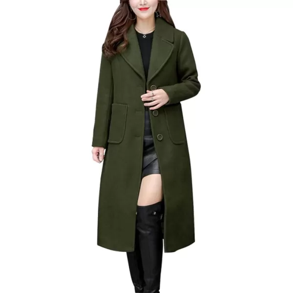 chouyatou Womens Big Notch Lapel Single Breasted MidLong Wool Blend CoatArmy Green