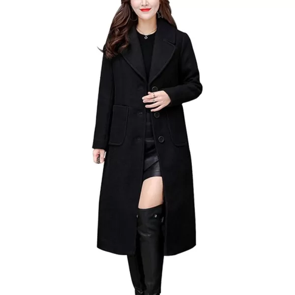chouyatou Womens Big Notch Lapel Single Breasted MidLong Wool Blend CoatBlack