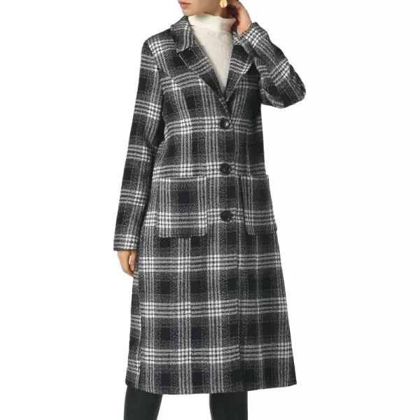 chouyatou Womens Big Notch Lapel Single Breasted MidLong Wool Blend CoatBlackplaid