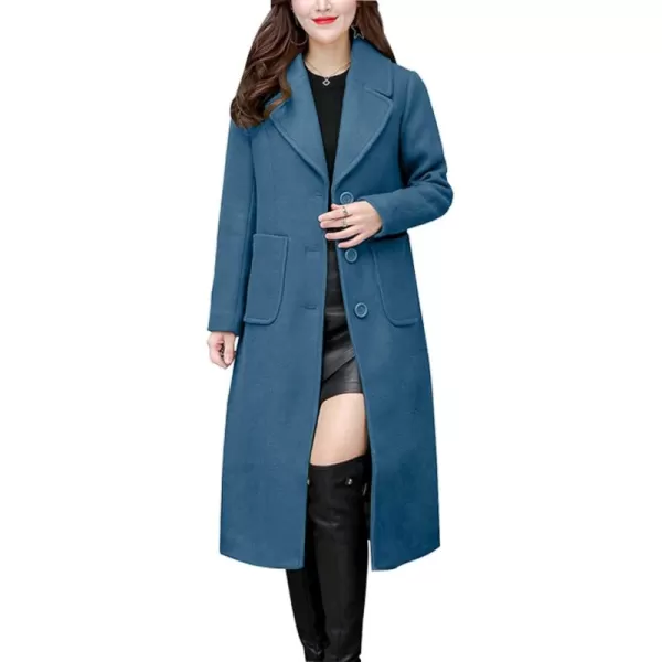 chouyatou Womens Big Notch Lapel Single Breasted MidLong Wool Blend CoatDark Blue