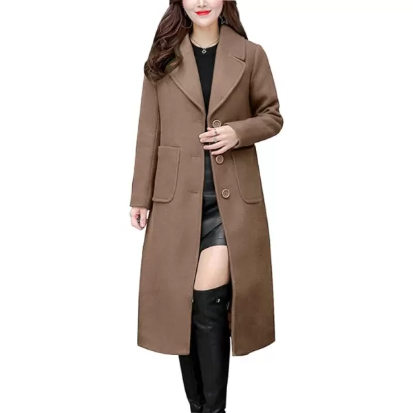 chouyatou Womens Big Notch Lapel Single Breasted MidLong Wool Blend CoatKhaki