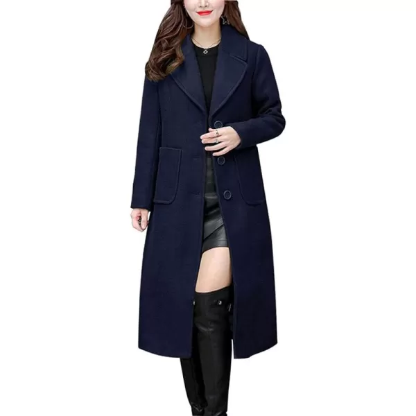 chouyatou Womens Big Notch Lapel Single Breasted MidLong Wool Blend CoatNavy Blue