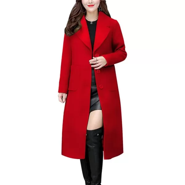 chouyatou Womens Big Notch Lapel Single Breasted MidLong Wool Blend CoatRed