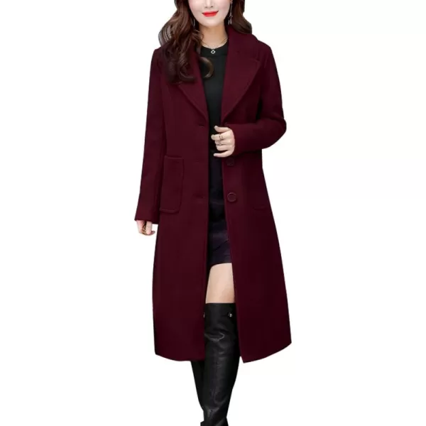 chouyatou Womens Big Notch Lapel Single Breasted MidLong Wool Blend CoatWine Red