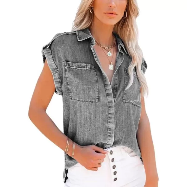 chouyatou Womens Casual Distressed Button Down Sleeveless Denim Jean Shirt TopsGrey
