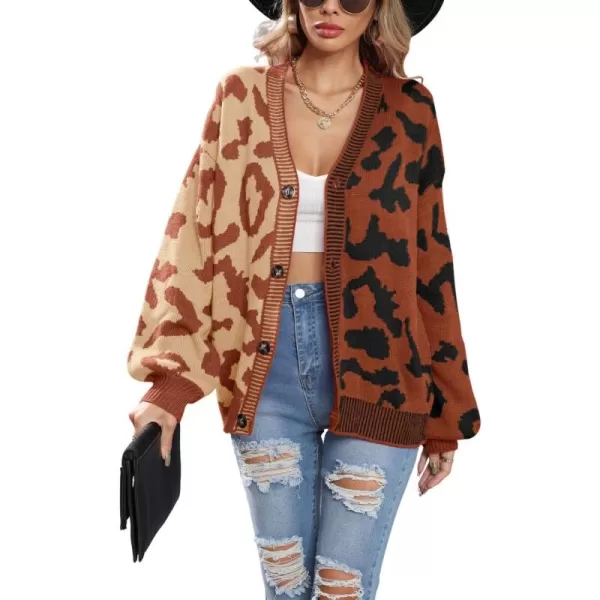 chouyatou Womens Color Block Leopard Print Button Down Long Sleeve Cardigan SweatersBrown