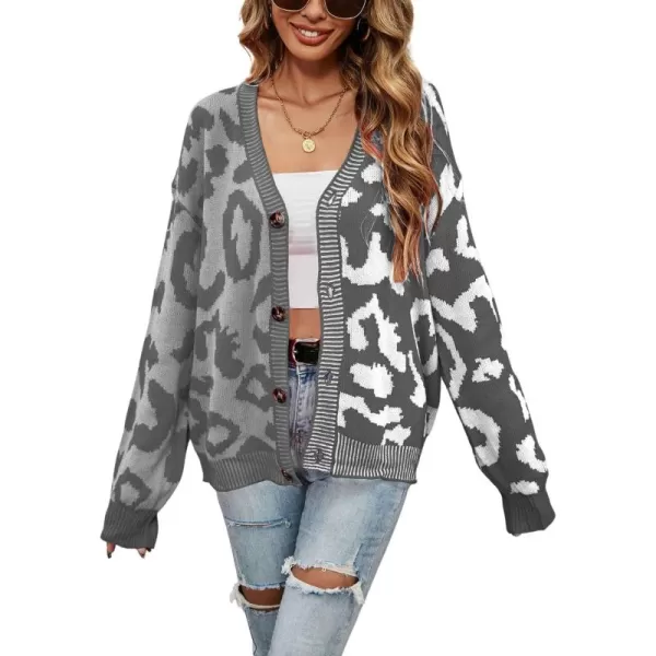 chouyatou Womens Color Block Leopard Print Button Down Long Sleeve Cardigan SweatersGray