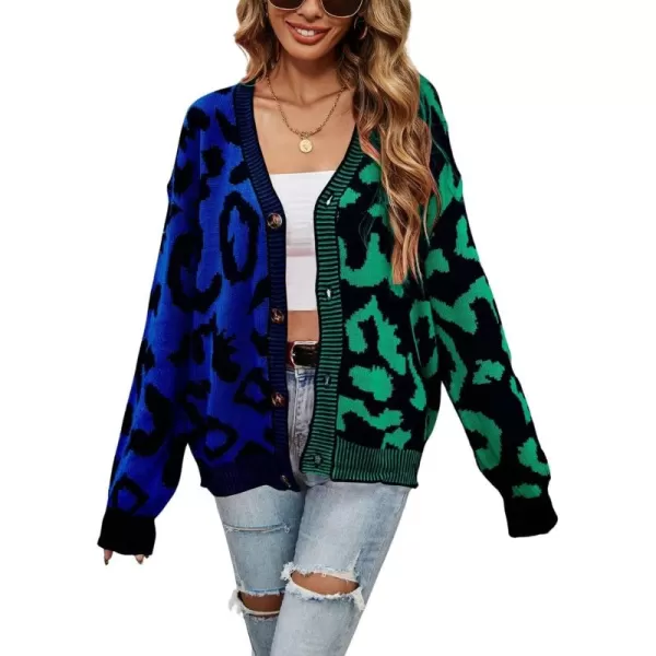 chouyatou Womens Color Block Leopard Print Button Down Long Sleeve Cardigan SweatersGreen
