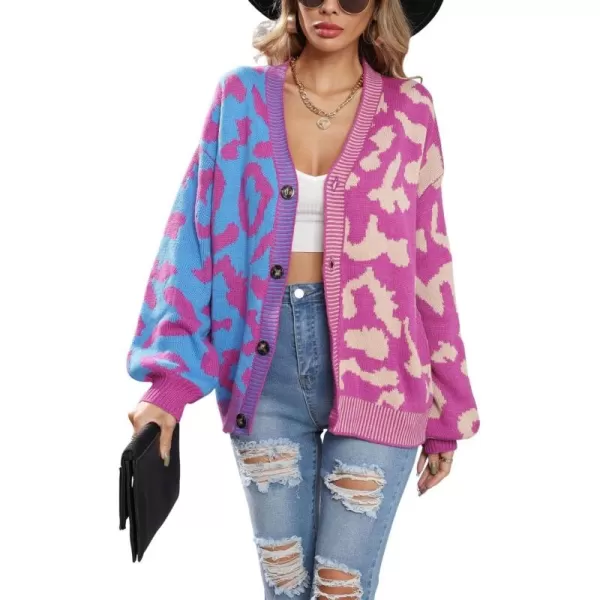 chouyatou Womens Color Block Leopard Print Button Down Long Sleeve Cardigan SweatersPurple