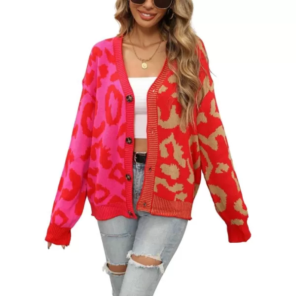 chouyatou Womens Color Block Leopard Print Button Down Long Sleeve Cardigan SweatersRose Red