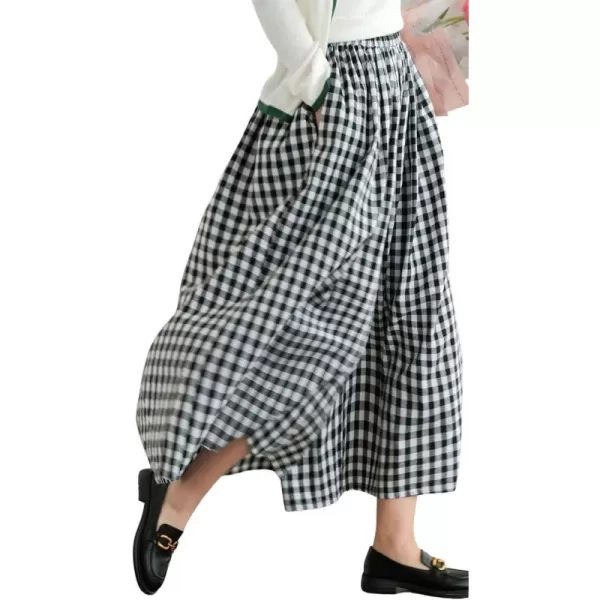 chouyatou Womens Cotton Linen Pants Elastic Waist Plaid Gingham Wide Leg Capri Palazzo PantsBlack