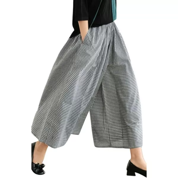 chouyatou Womens Cotton Linen Pants Elastic Waist Plaid Gingham Wide Leg Capri Palazzo PantsBlack Gingham
