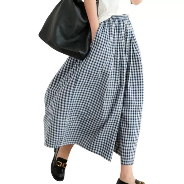 chouyatou Womens Cotton Linen Pants Elastic Waist Plaid Gingham Wide Leg Capri Palazzo PantsBlue