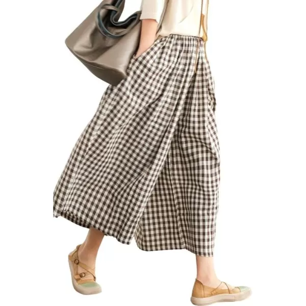 chouyatou Womens Cotton Linen Pants Elastic Waist Plaid Gingham Wide Leg Capri Palazzo PantsCoffee Brown