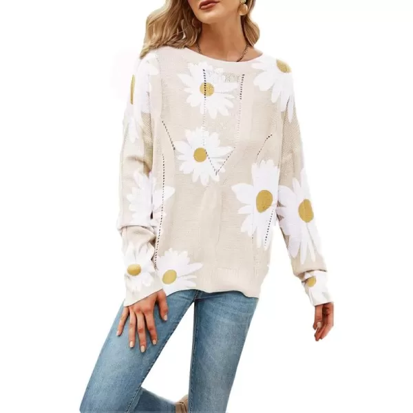 chouyatou Womens Crewneck Long Sleeve Floral Printed Knitted Sweater Pullover TopsApricot