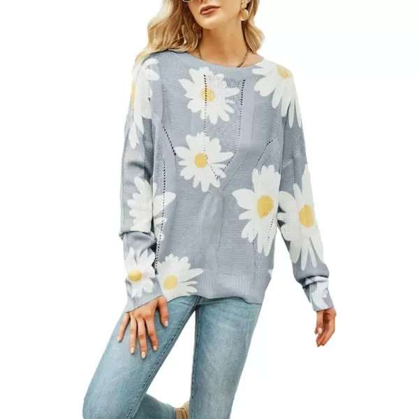 chouyatou Womens Crewneck Long Sleeve Floral Printed Knitted Sweater Pullover TopsGray