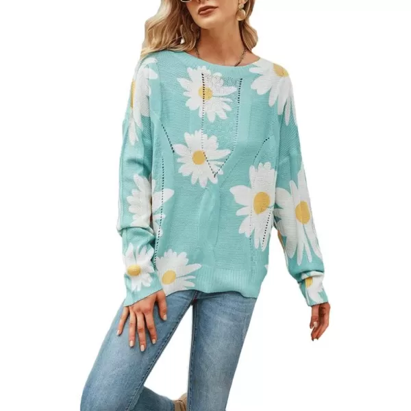 chouyatou Womens Crewneck Long Sleeve Floral Printed Knitted Sweater Pullover TopsGreen