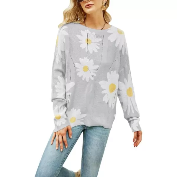 chouyatou Womens Crewneck Long Sleeve Floral Printed Knitted Sweater Pullover TopsLight Grey