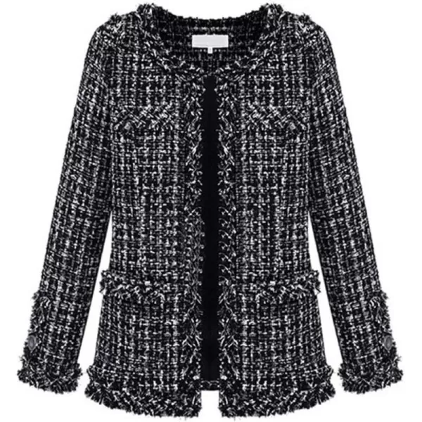 chouyatou Womens Fall Business Casual Tweed Blazer Jacket Collarless Open Front Dressy Tweed JacketBlack