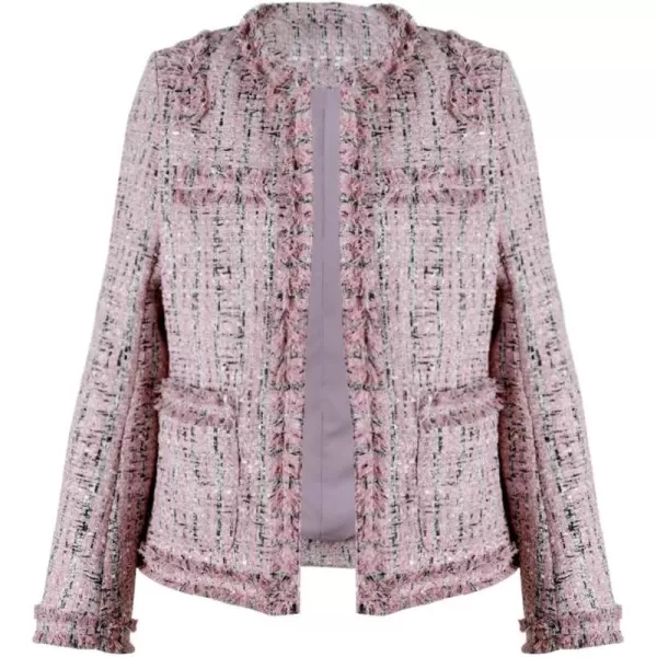 chouyatou Womens Fall Business Casual Tweed Blazer Jacket Collarless Open Front Dressy Tweed JacketPink