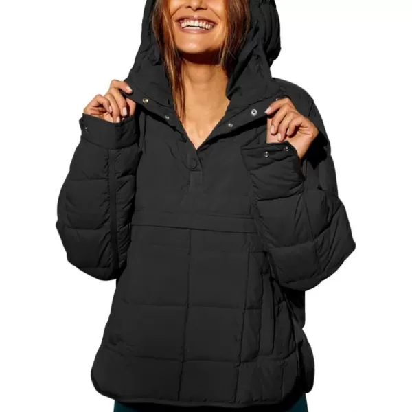 chouyatou Womens Quilted Pullover Puffer Jacket Packable Hooded Oversize Winter Coat TopsBlack