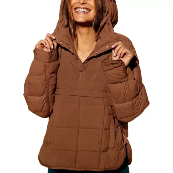 chouyatou Womens Quilted Pullover Puffer Jacket Packable Hooded Oversize Winter Coat TopsBrown