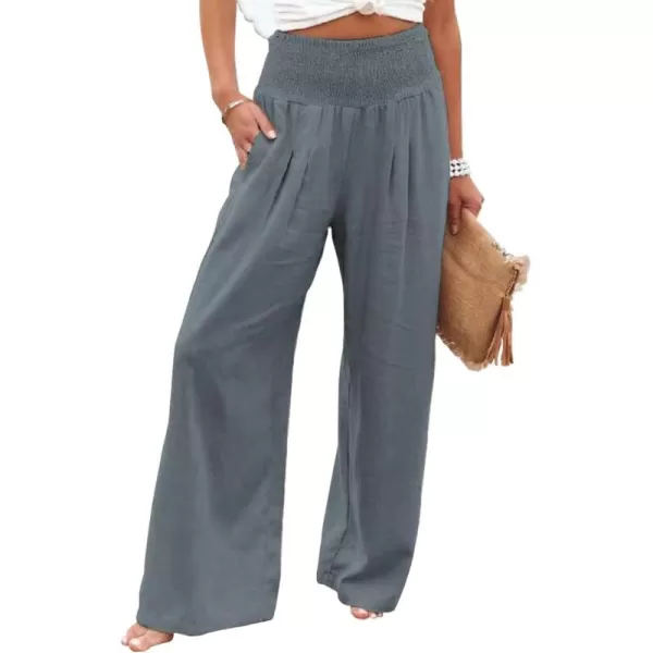 chouyatou Womens Smocked High Waisted Cotton Linen Wide Leg Pants Palazzo with PocketsGrey