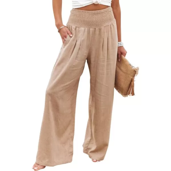 chouyatou Womens Smocked High Waisted Cotton Linen Wide Leg Pants Palazzo with PocketsKhaki