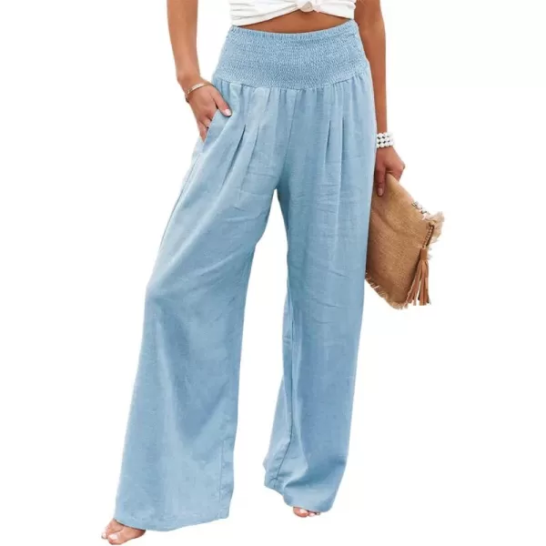 chouyatou Womens Smocked High Waisted Cotton Linen Wide Leg Pants Palazzo with PocketsLight Blue