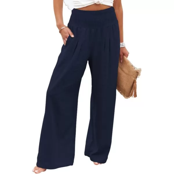 chouyatou Womens Smocked High Waisted Cotton Linen Wide Leg Pants Palazzo with PocketsNavy