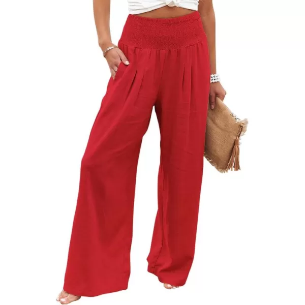 chouyatou Womens Smocked High Waisted Cotton Linen Wide Leg Pants Palazzo with PocketsRed Orange