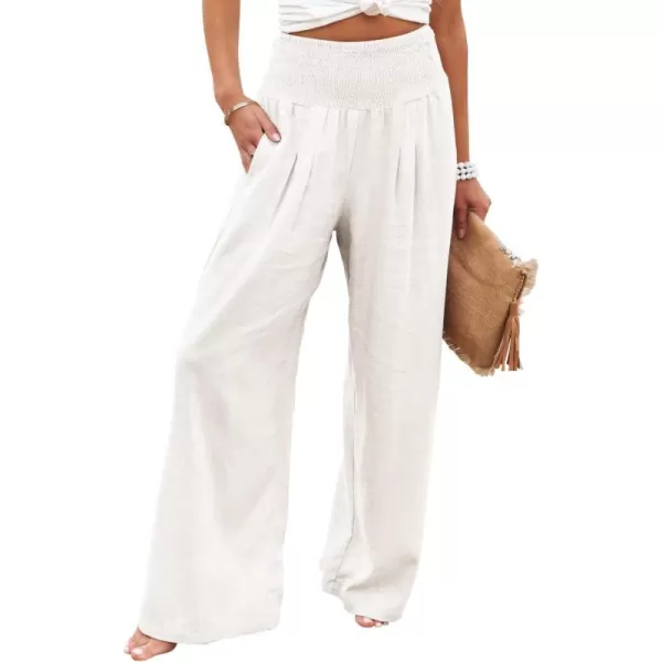 chouyatou Womens Smocked High Waisted Cotton Linen Wide Leg Pants Palazzo with PocketsWhite