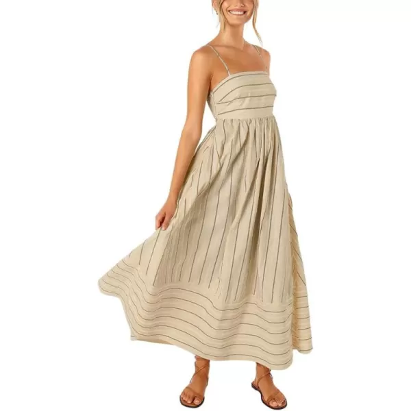 chouyatou Womens Striped Back Smocked Maxi Dress Sexy Spaghetti Strap Cut Out Flowy Swing Long DressApricot