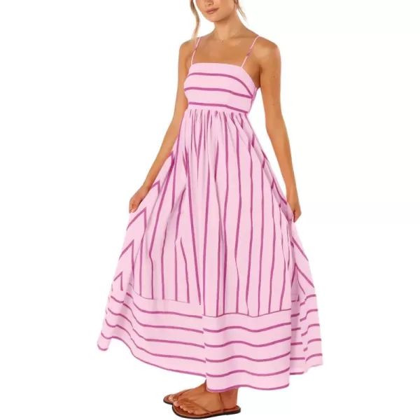 chouyatou Womens Striped Back Smocked Maxi Dress Sexy Spaghetti Strap Cut Out Flowy Swing Long DressPink