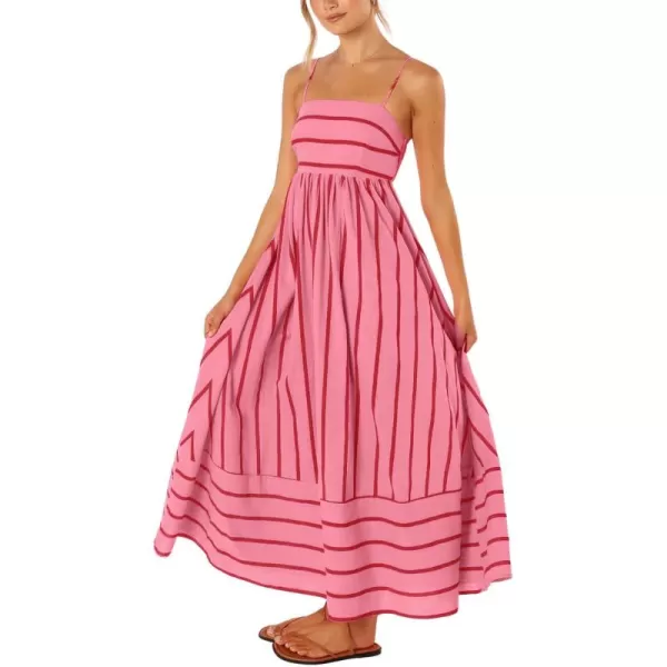 chouyatou Womens Striped Back Smocked Maxi Dress Sexy Spaghetti Strap Cut Out Flowy Swing Long DressWatermelon Red