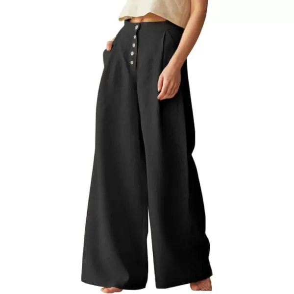 chouyatou Womens Summer High Waisted Cotton Linen Palazzo Wide Leg Casual Pants with PocketsBlack