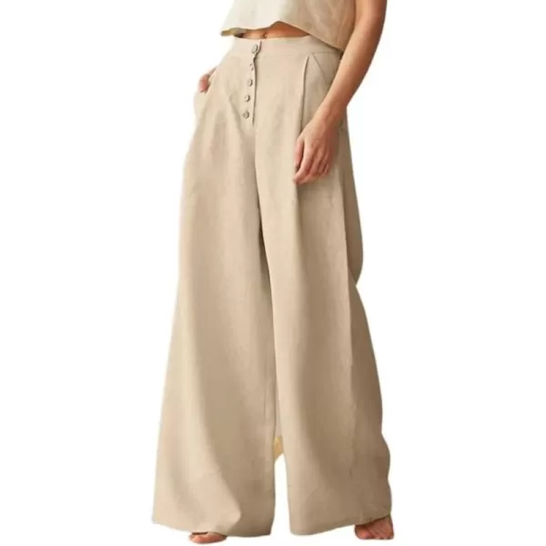 chouyatou Womens Summer High Waisted Cotton Linen Palazzo Wide Leg Casual Pants with PocketsKhaki
