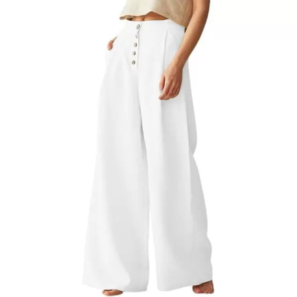 chouyatou Womens Summer High Waisted Cotton Linen Palazzo Wide Leg Casual Pants with PocketsWhite