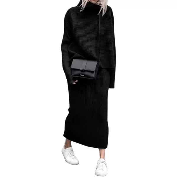 chouyatou Womens Turtleneck 2 Piece Outfits Ribbed Knit Sweater Midi Pencil Skirt SetBlack