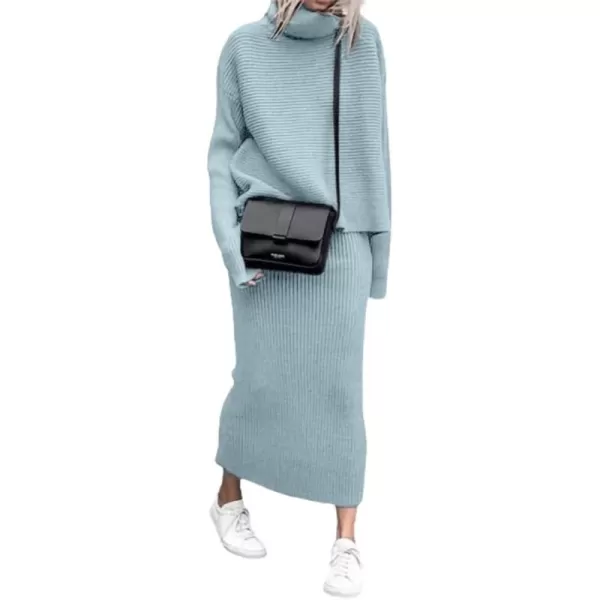 chouyatou Womens Turtleneck 2 Piece Outfits Ribbed Knit Sweater Midi Pencil Skirt SetBlue