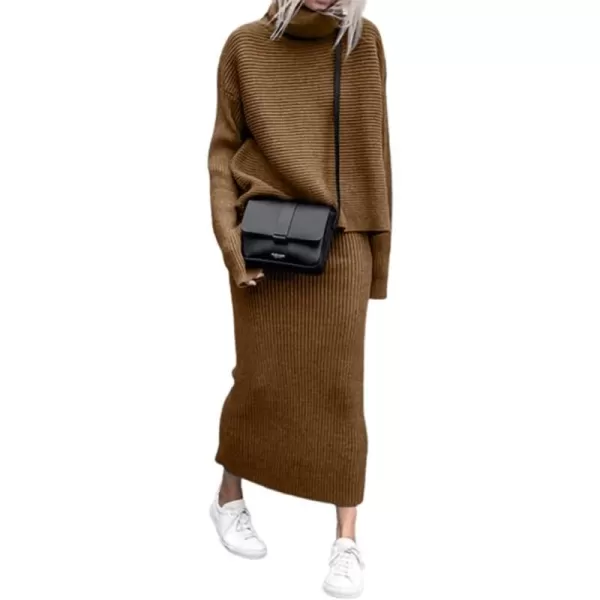 chouyatou Womens Turtleneck 2 Piece Outfits Ribbed Knit Sweater Midi Pencil Skirt SetBrown