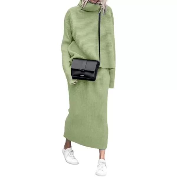 chouyatou Womens Turtleneck 2 Piece Outfits Ribbed Knit Sweater Midi Pencil Skirt SetGrass Green